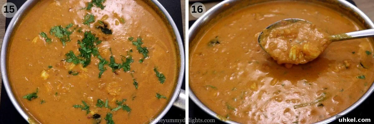 collage image of 2 steps showing garnishing goan prawn curry with coriander leaves.