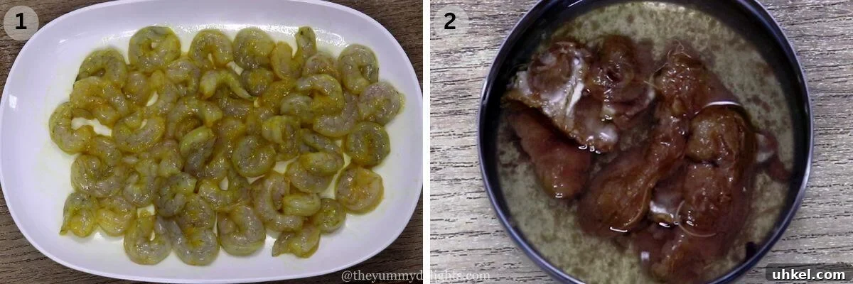 collage image of 2 steps showing marinating the prawns and soaking tamarind in hot water.