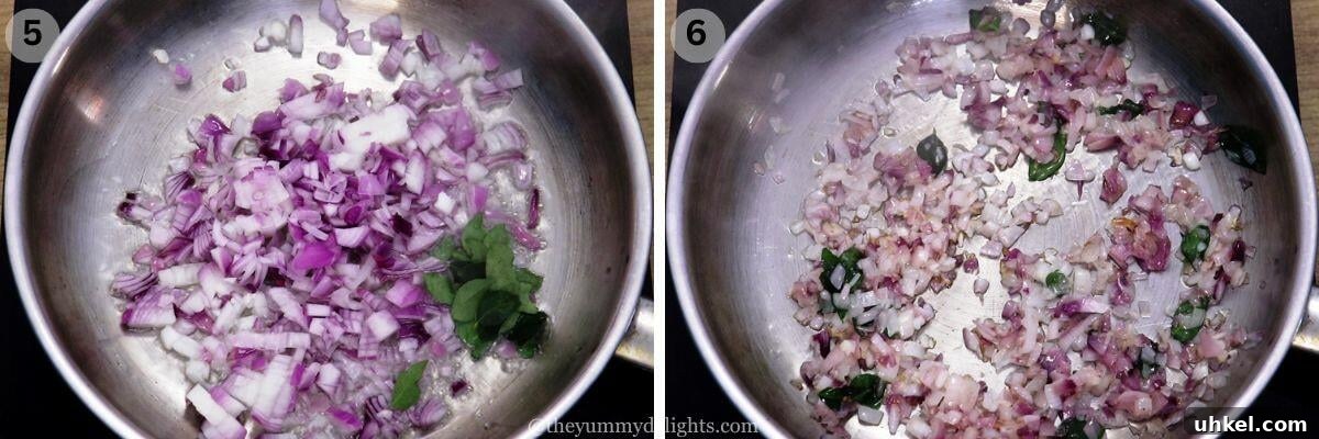 collage image of 2 steps showing making prawn curry goan style. It shows sauteing onions and curry leaves.