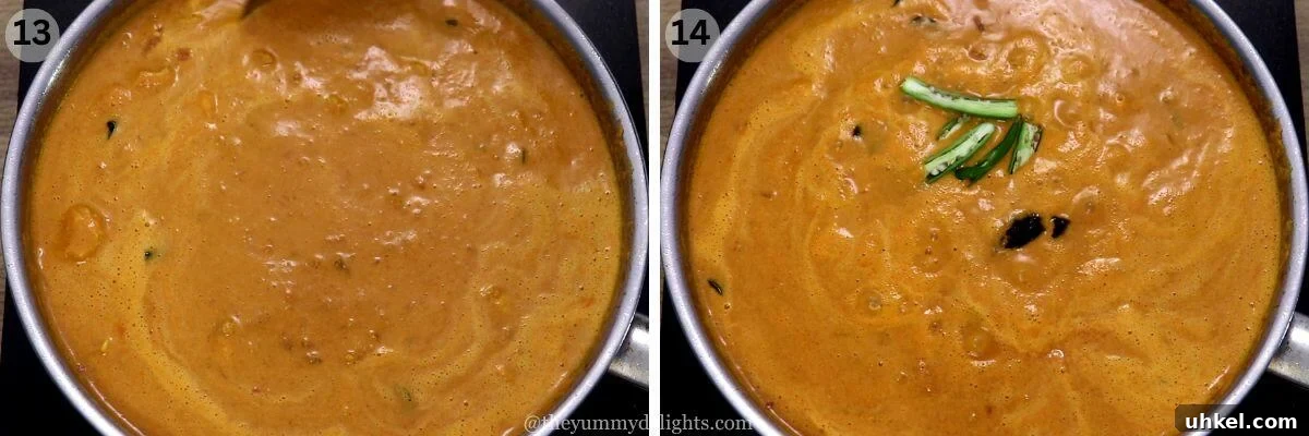 collage image of 2 steps showing addition of kokum, green chilies and salt to make goan shrimp curry recipe.