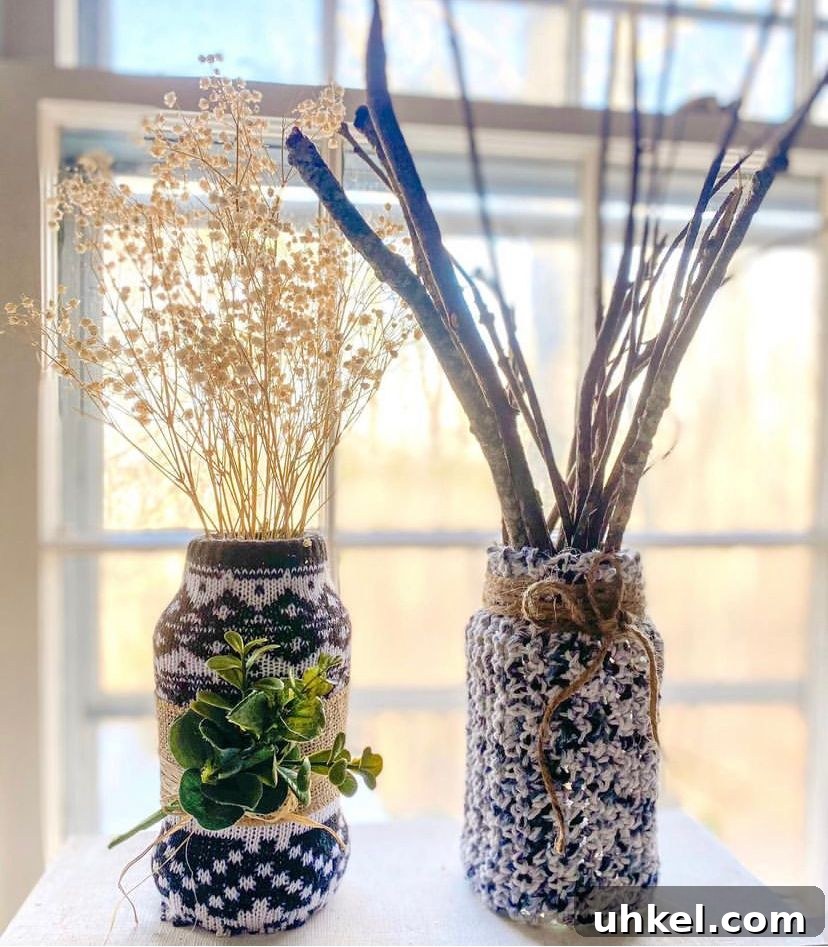 31 Cozy Winter Home Decor Ideas to Refresh Every Room 8 crochet sweater jar vases