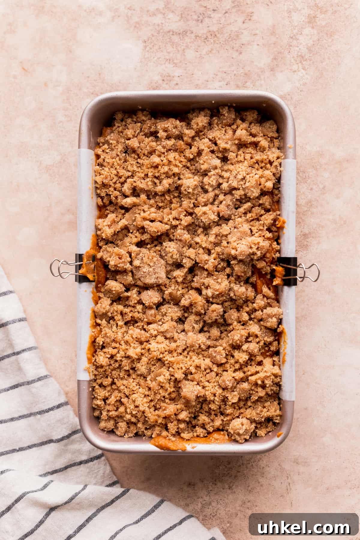 Pumpkin Bread with Cream Cheese Frosting Recipe and Tips 8 Streusel on top of batter.