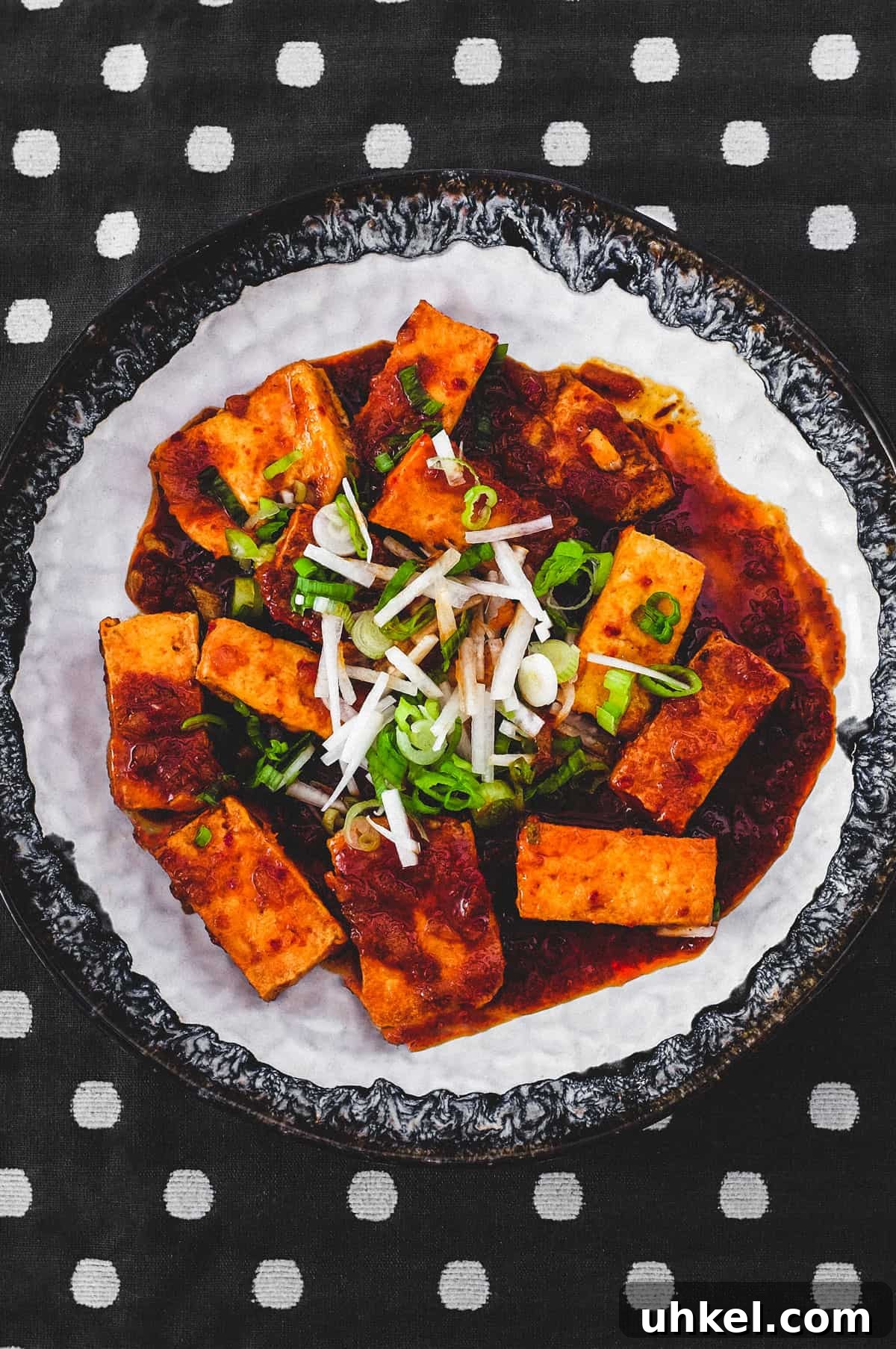 Fried tofu is lightly braised in Korean chilli (gochugaru) and topped with radish and spring onion