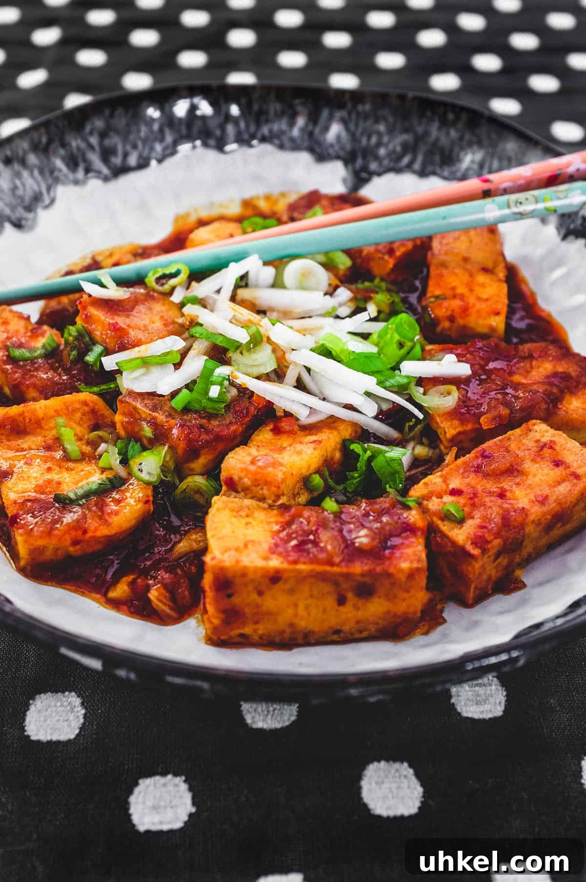 Fried tofu is lightly braised in Korean chilli (gochugaru) and topped with radish and spring onion