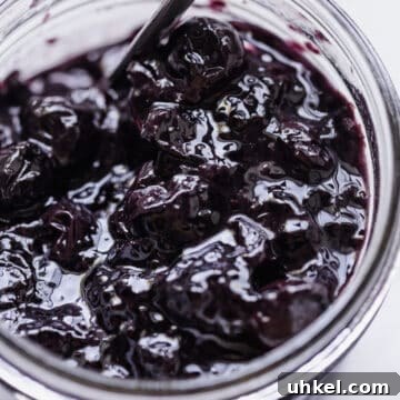 blueberry jam in a clear jar with a spoon inside