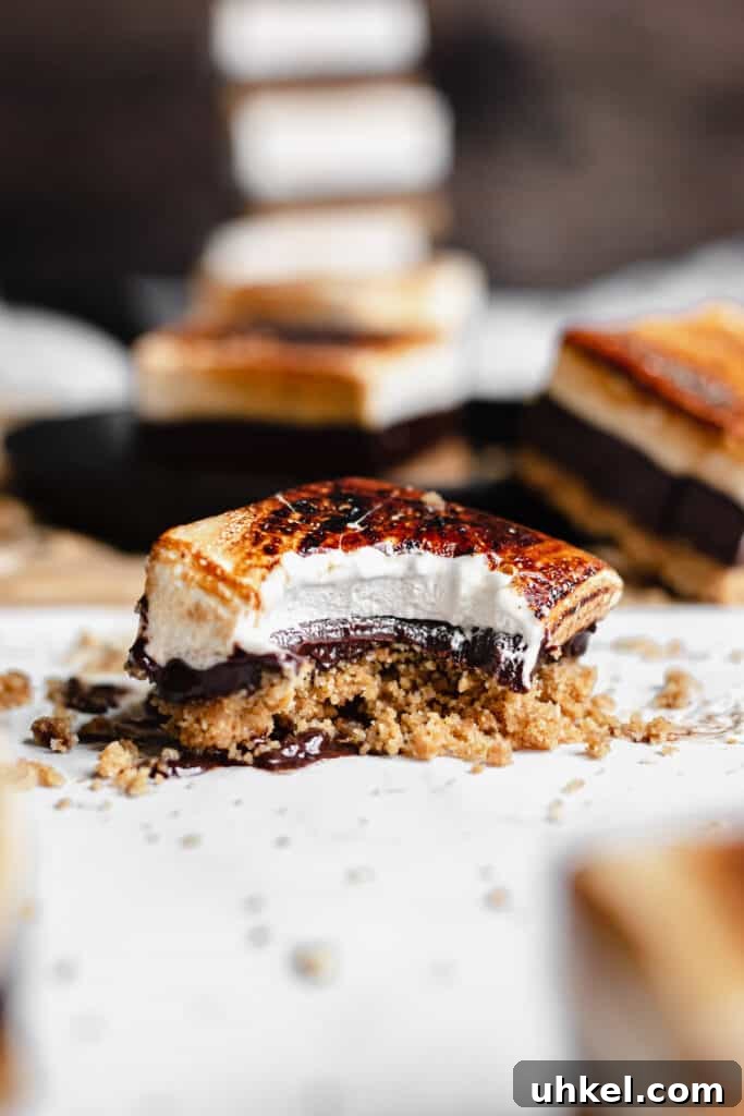 Build a DIY S'mores Bar for the Perfect Party Dessert 2 straight on shot of a smores bar with a bite removed