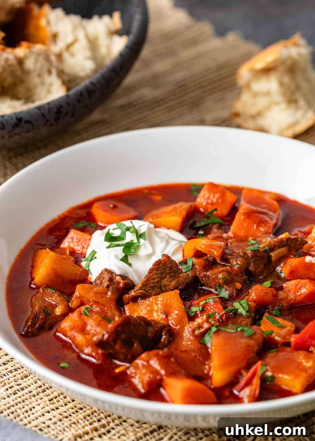 Traditional Hungarian Goulash Recipe: Hearty Beef Stew Guide 11 closeup: my hungarian goulash recipe in a white bowl with a dollop of sour cream on top