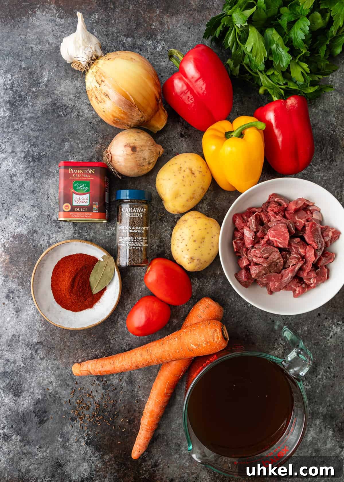 Traditional Hungarian Goulash Recipe: Hearty Beef Stew Guide 4 overhead: ingredients needed for hungarian goulash