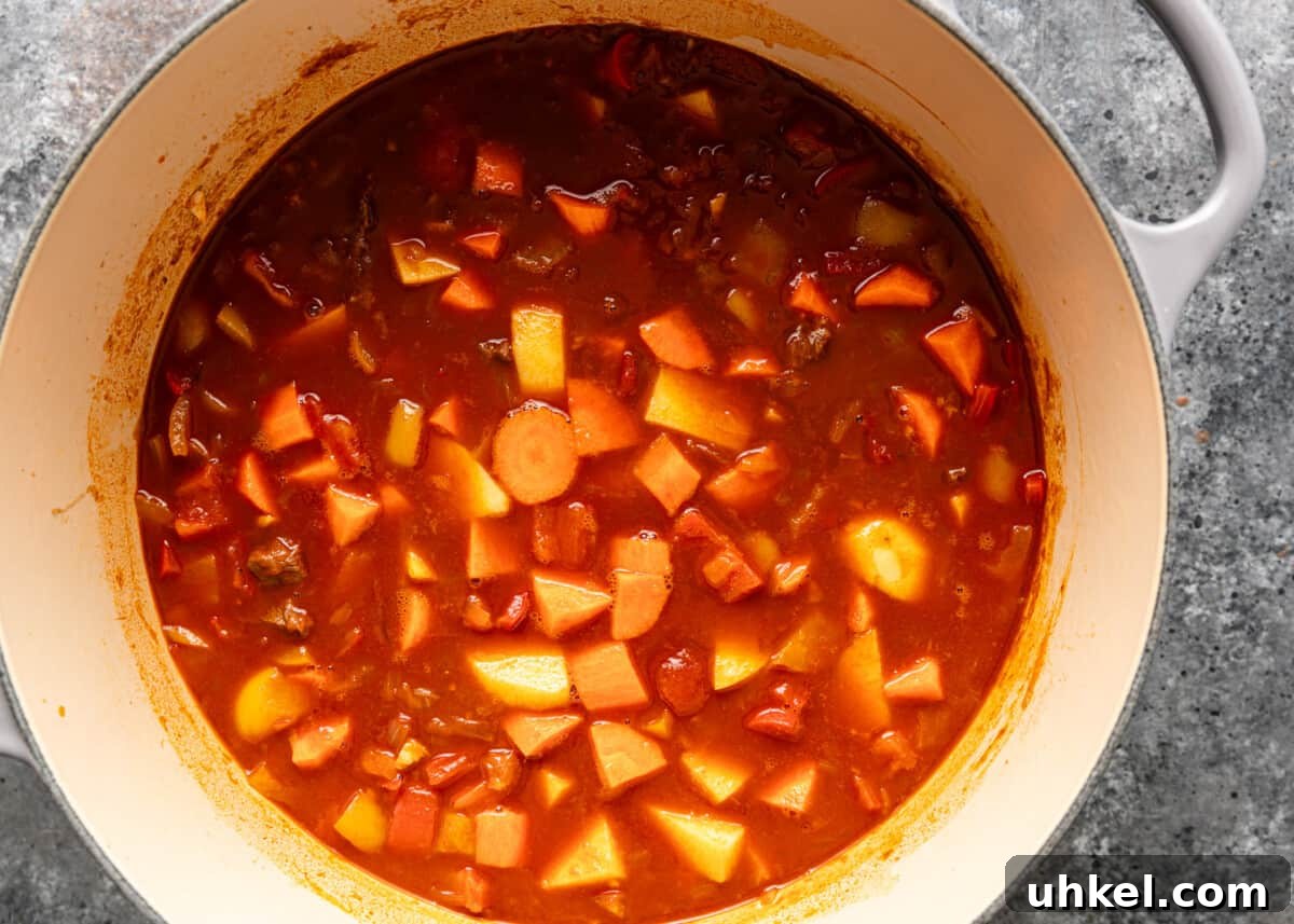 Traditional Hungarian Goulash Recipe: Hearty Beef Stew Guide 10 overhead process shot: potatoes and carrots added to the broth