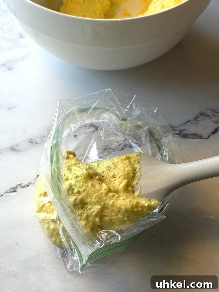 Classic Deviled Eggs Recipe for Gatherings 13 Egg yolk filling added to a sealable bag for easy pipping.