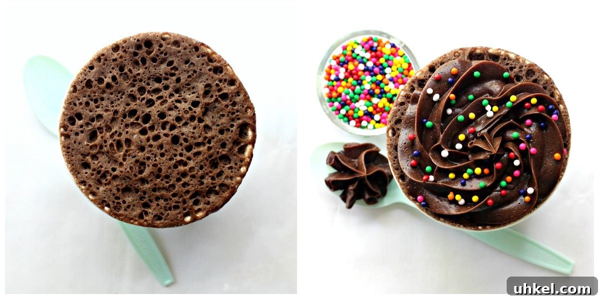 3-2-1 Magic Mug Cake with cake mix and no egg, cooks in the microwave in just 1 minute! Instructions: microwave one minute, add frosting and sprinkles.