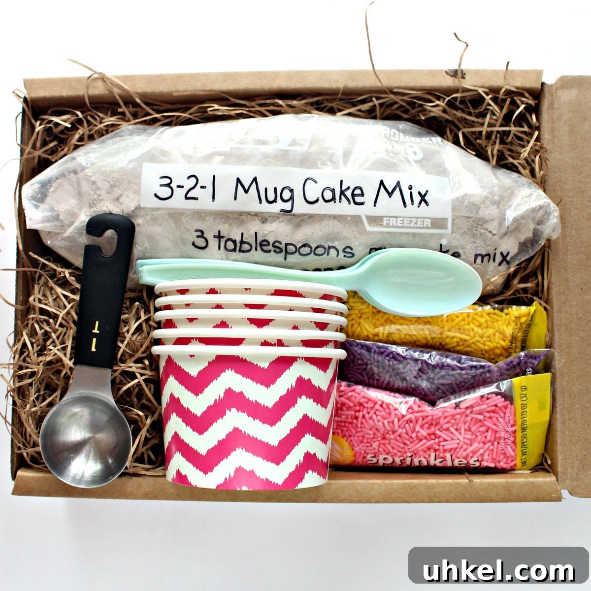 Quick Mug Cake from Cake Mix in 2 Minutes 3 Packaged mug cake ingredients and materials