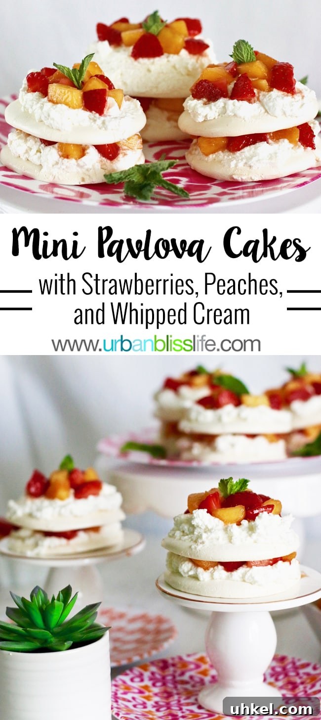 Strawberry & Peach Mini Pavlovas with Whipped Cream 2 Pavlova Mini Cakes with Strawberries, Peaches, and Cream recipe on UrbanBlissLife.com