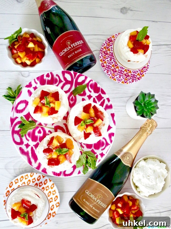 Strawberry & Peach Mini Pavlovas with Whipped Cream 8 Gloria Ferrer brut rose with Mini Pavlova Cakes