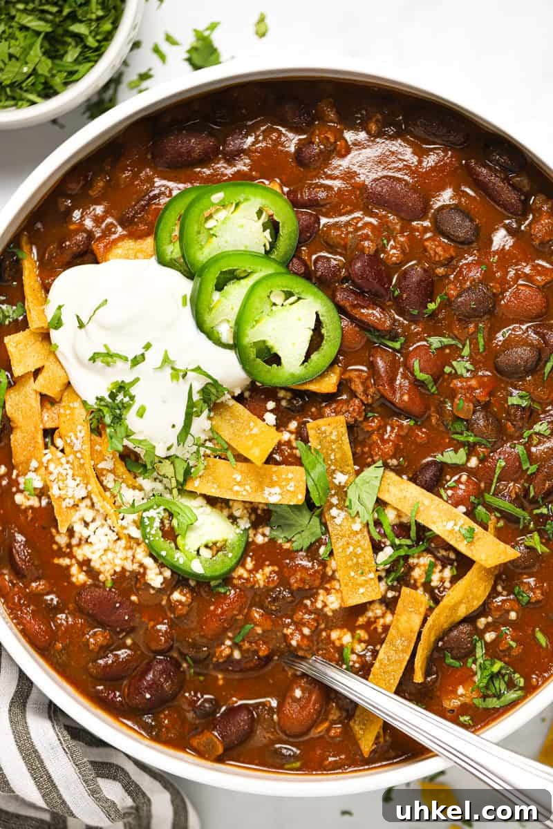 White bowl filled with beer chili garnished with cilantro and tortilla strips