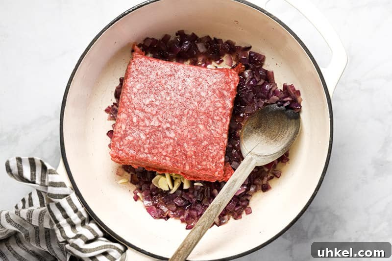 Large white pot with sauteed onion garlic and raw ground beef