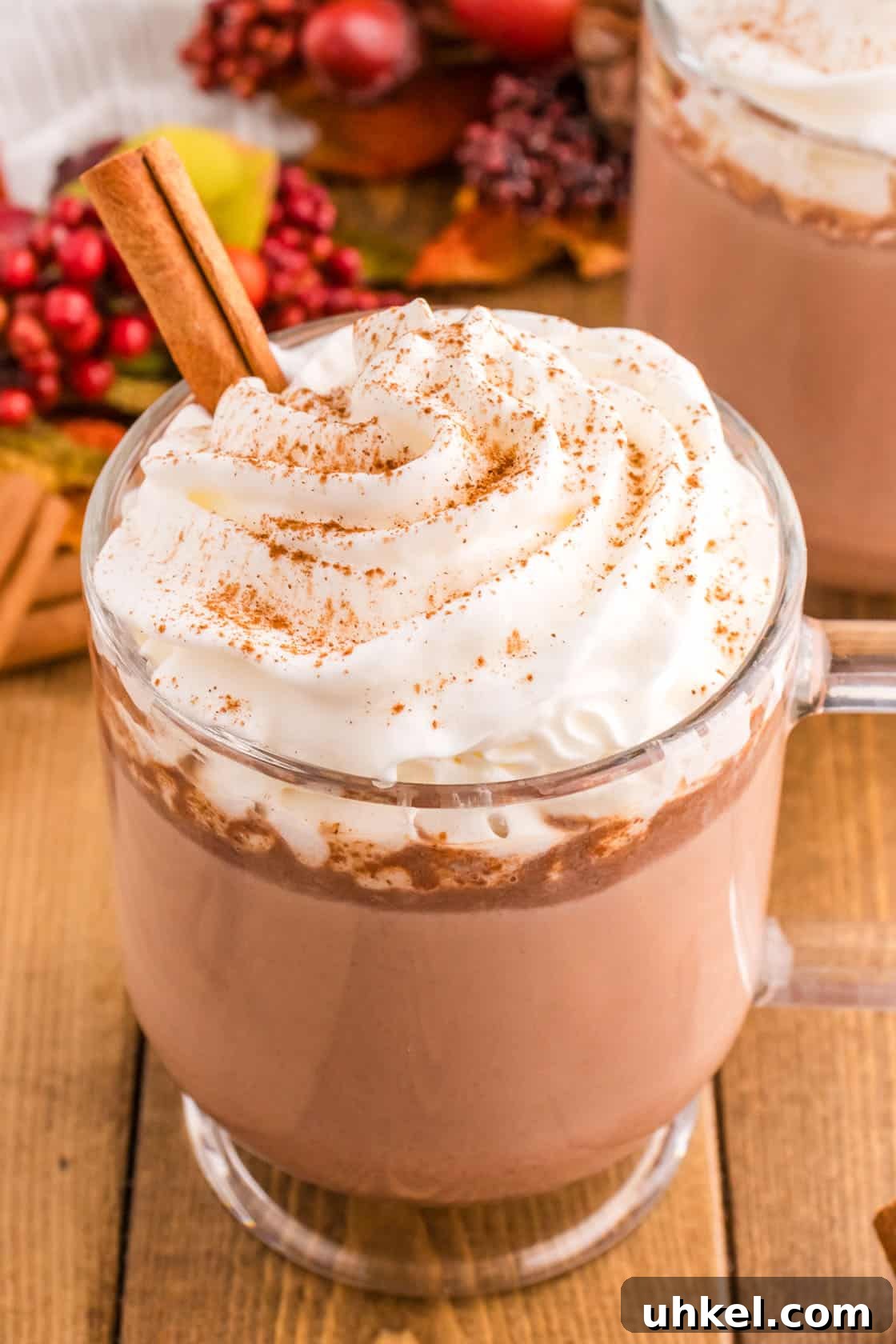 Authentic Mexican Hot Chocolate Recipe – Rich, Spiced Cocoa 2 Two mugs of hot chocolate with cinnamon and whipped cream.