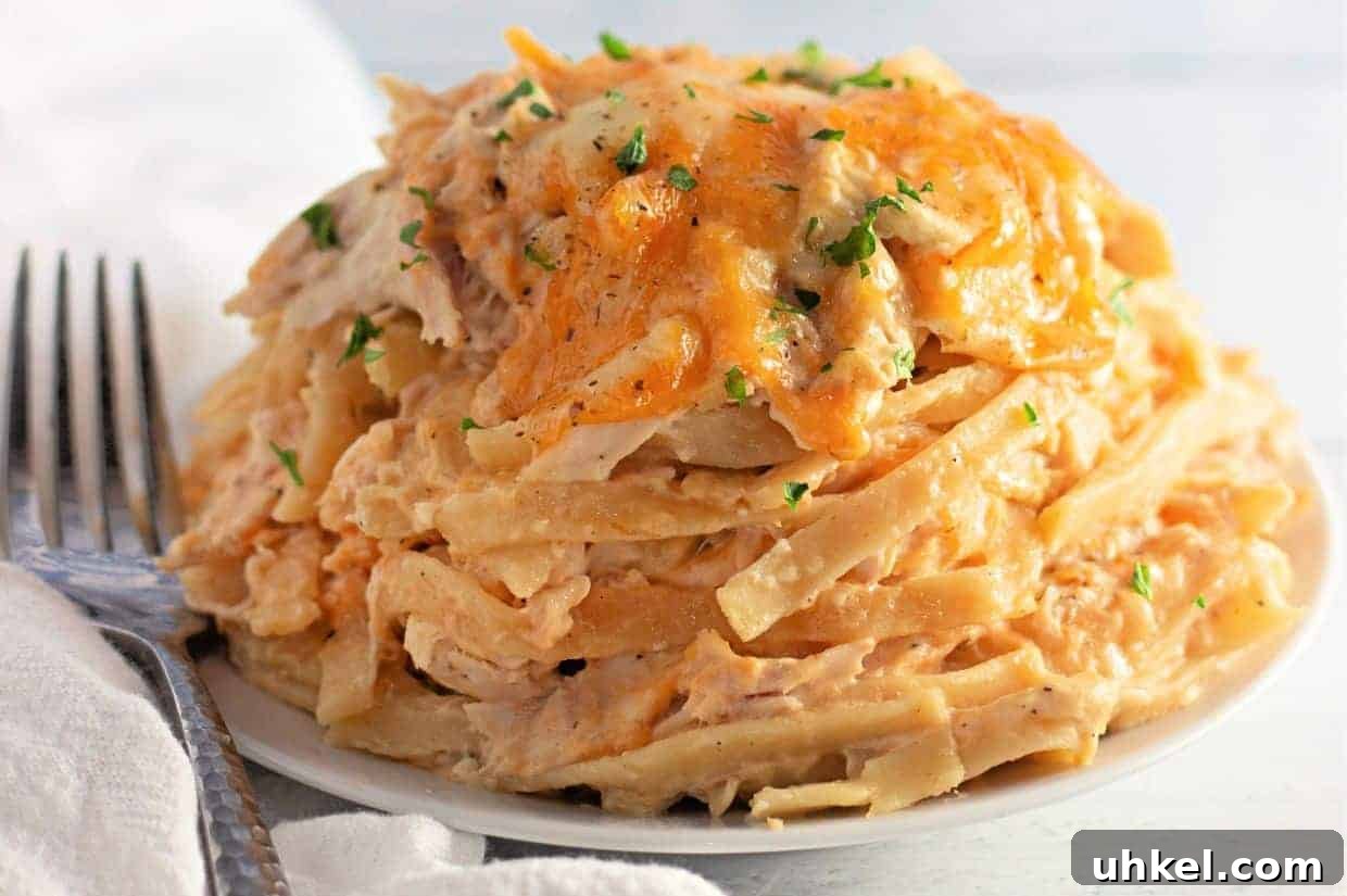 35 Timeless Southern Recipes That Always Delight 12 A plate of Chicken Tetrazzini topped with melted cheese and sprinkled with chopped herbs, with a fork and napkin beside it.