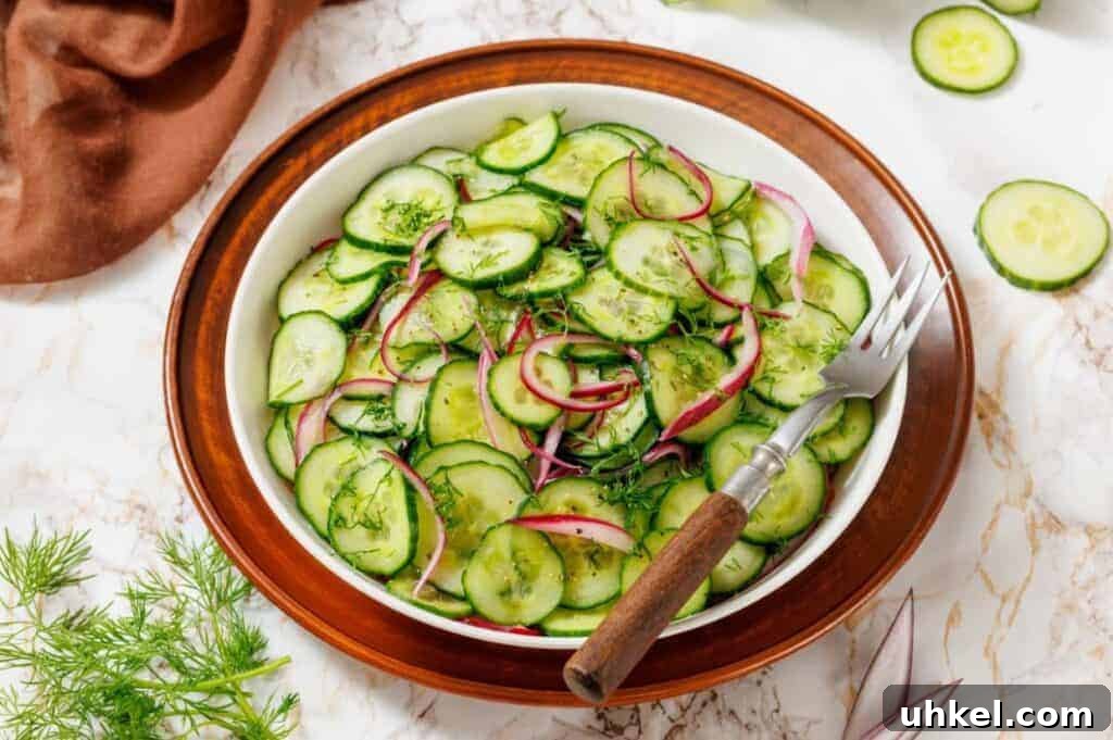 35 Timeless Southern Recipes That Always Delight 13 A bowl of cucumber salad with red onions and fresh dill, placed on a wooden plate with a fork, surrounded by ingredients on a marble surface.