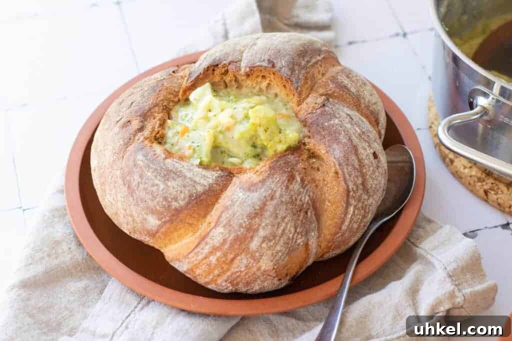 35 Timeless Southern Recipes That Always Delight 15 Broccoli Cheddar Soup in a Sourdough Bowl with spoon on a round brown plate.