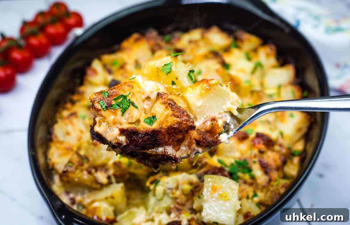 35 Timeless Southern Recipes That Always Delight 16 A spoonful of Mississippi Mud Potatoes with herbs, held above a dish.