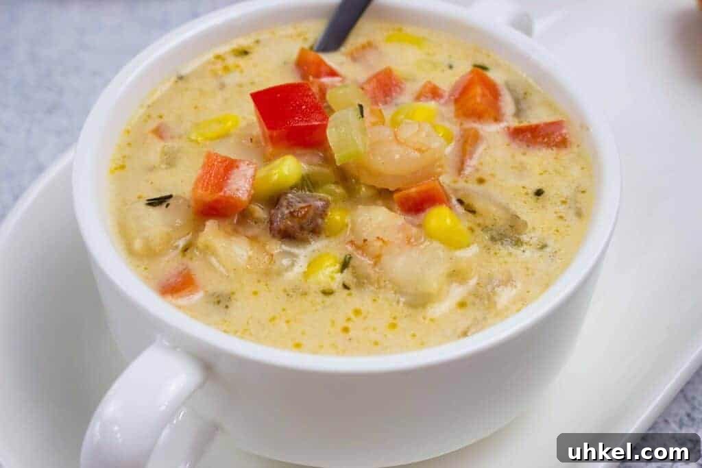 35 Timeless Southern Recipes That Always Delight 3 A white bowl of creamy shrimp & corn chowder on a white plate.