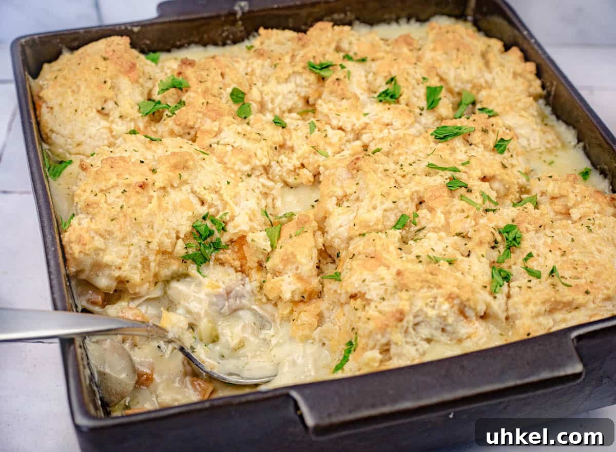 35 Timeless Southern Recipes That Always Delight 21 A casserole dish of Chicken Cobbler with Red Lobster Biscuit.