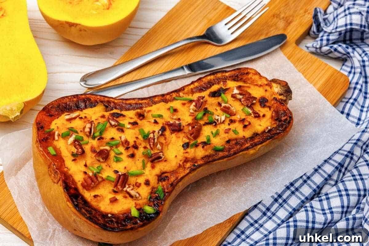 35 Timeless Southern Recipes That Always Delight 27 A baked Butternut Squash Mash with Parmesan, garnished with chopped nuts and herbs, served on parchment paper, accompanied by a fork, knife, and a blue checkered cloth.