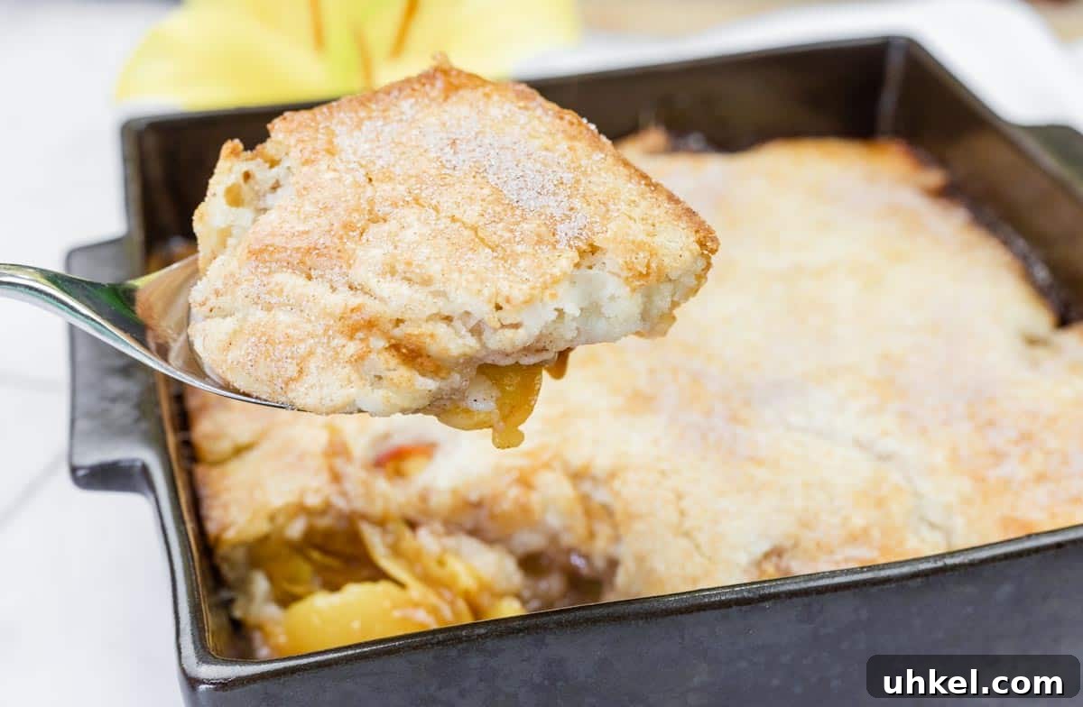 35 Timeless Southern Recipes That Always Delight 36 A close-up of a spoon holding a serving of peach cobbler above a baking dish filled with the dessert.