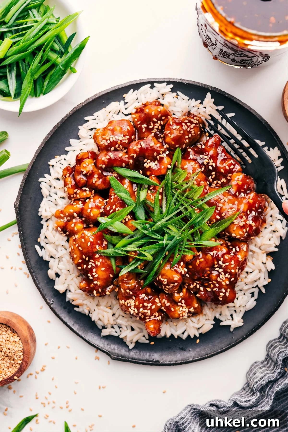 Flavorful And Delicious Korean Chicken Recipe Korean Chicken Recipe on a bed of rice with fresh green onions and sesame seeds on top.