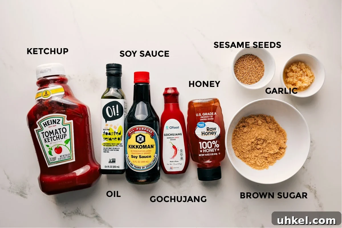 Ingredients In Korean Chicken Sauce All the sauce ingredients prepped and ready, including ketchup, oil, soy sauce, gochujang, honey, sesame seeds, garlic, and brown sugar.