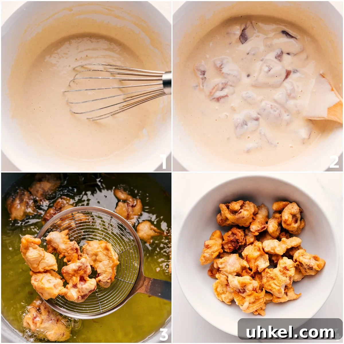 How To Make Korean Chicken Recipe The chicken whisked into a batter and then deep fried and added to a bowl.