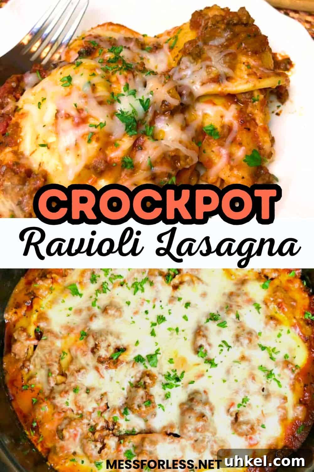 Slow-Cooker Ravioli Lasagna Recipe for Comforting Weeknight Meals 2 Close-up of Crockpot Ravioli Lasagna, topped with parsley, shown both served and still warm in the pot.