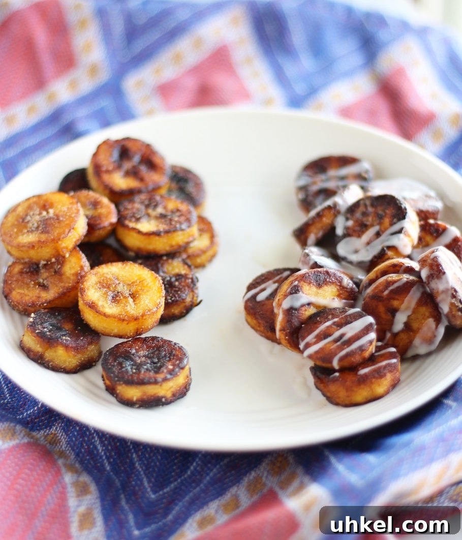 Sweet and Savory Fried Plantains - a super easy snack or side dish where you can choose to go sweet or savory with either cinnamon roll plantains or salt and garlic plantains! | fedandfulfilled.com