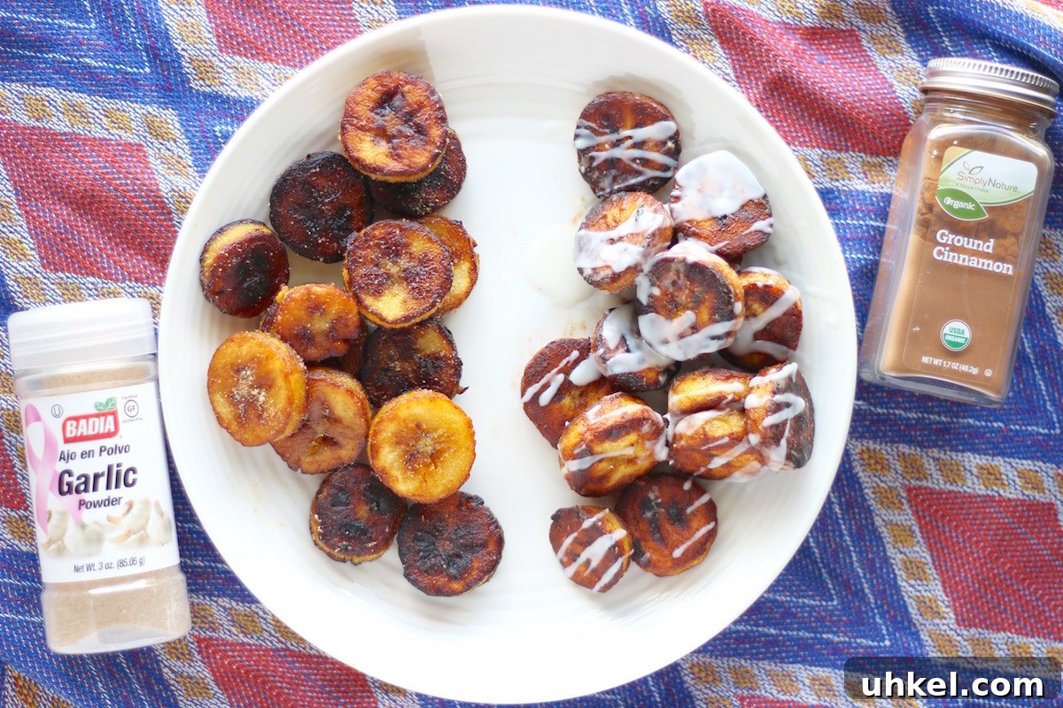 Crispy Sweet & Savory Fried Plantains (AIP-Friendly) 3 Sweet and Savory Fried Plantains - plantains, two ways! Enjoy them sweet with cinnamon and coconut butter, or savory with garlic and sea salt! | fedandfulfilled.com