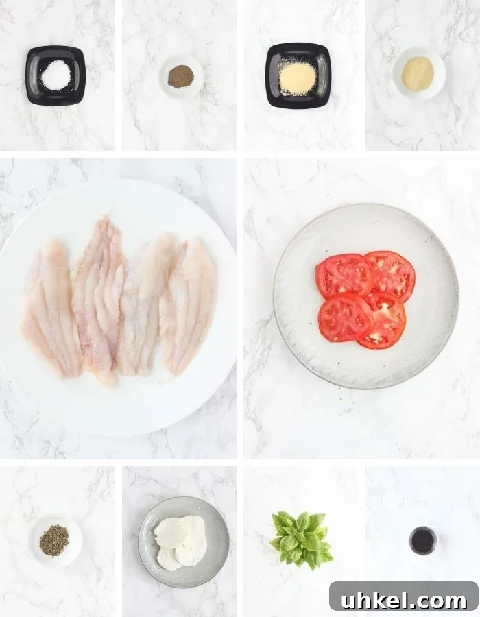 Caprese-Style Baked Catfish Fillets: Tomato, Basil & Mozzarella 4 caprese baked catfish fillet ingredients including salt, pepper, garlic powder, onion powder, four catfish fillets, sliced tomatoes, Italian seasoning, mozzarella cheese basil and balsamic vinegar