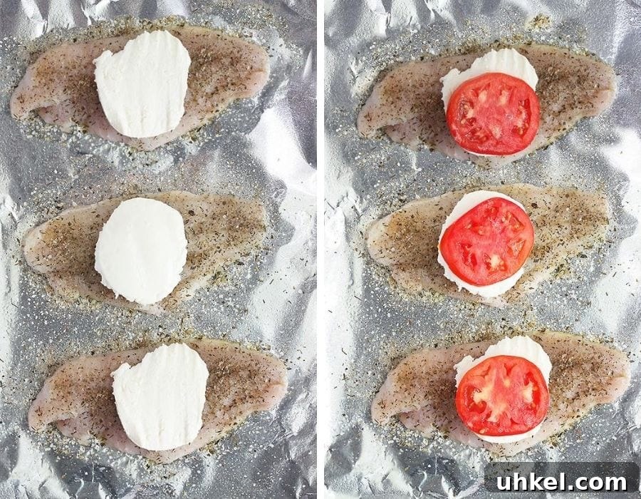 Caprese-Style Baked Catfish Fillets: Tomato, Basil & Mozzarella 6 layering mozzarella cheese and sliced tomato on top of seasoned catfish fillets