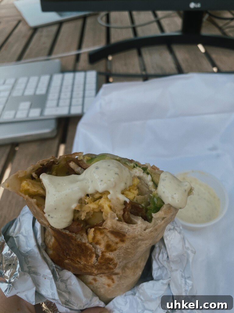 Skier’s Breakfast Burrito from Beaumont Bakery 4 Breakfast burrito with sauce