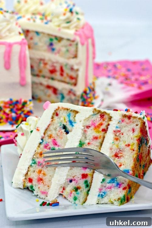 a fork cutting into a slice of 3 layer funfetti cake topped with vanilla buttercream. 