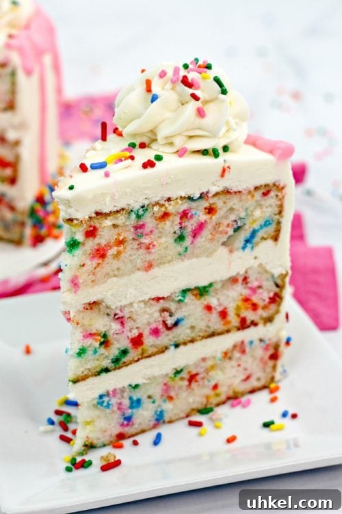 A closeup shot of a slice of funfetti cake topped with and surrounded by rainbow sprinkles. 