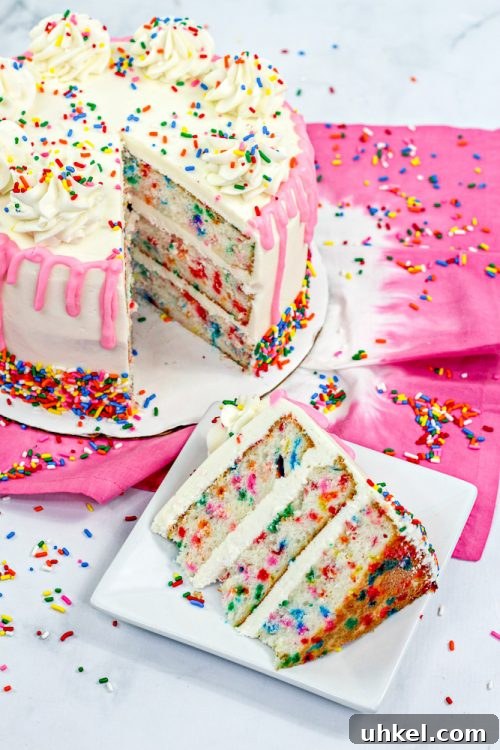 an overhead shot of a funfetti cake with one slice taken out of it, which sits nearby on a white plate. 