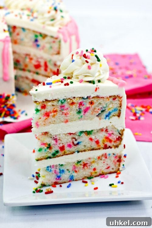 a slice of funfetti cake topped with vanilla buttercream and sprinkles.