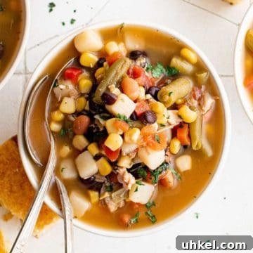 7-Can Soup Recipe: 7 Ingredients, 1 Delicious Meal 6 Top down view of a bowl of chicken and vegetable soup.