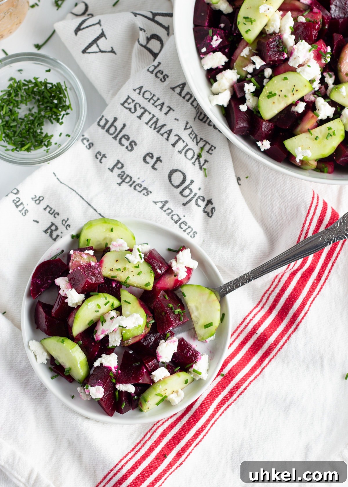Roasted Beet and Cucumber Salad with Creamy Goat Cheese 4 picture of plate with salad ready to eat.