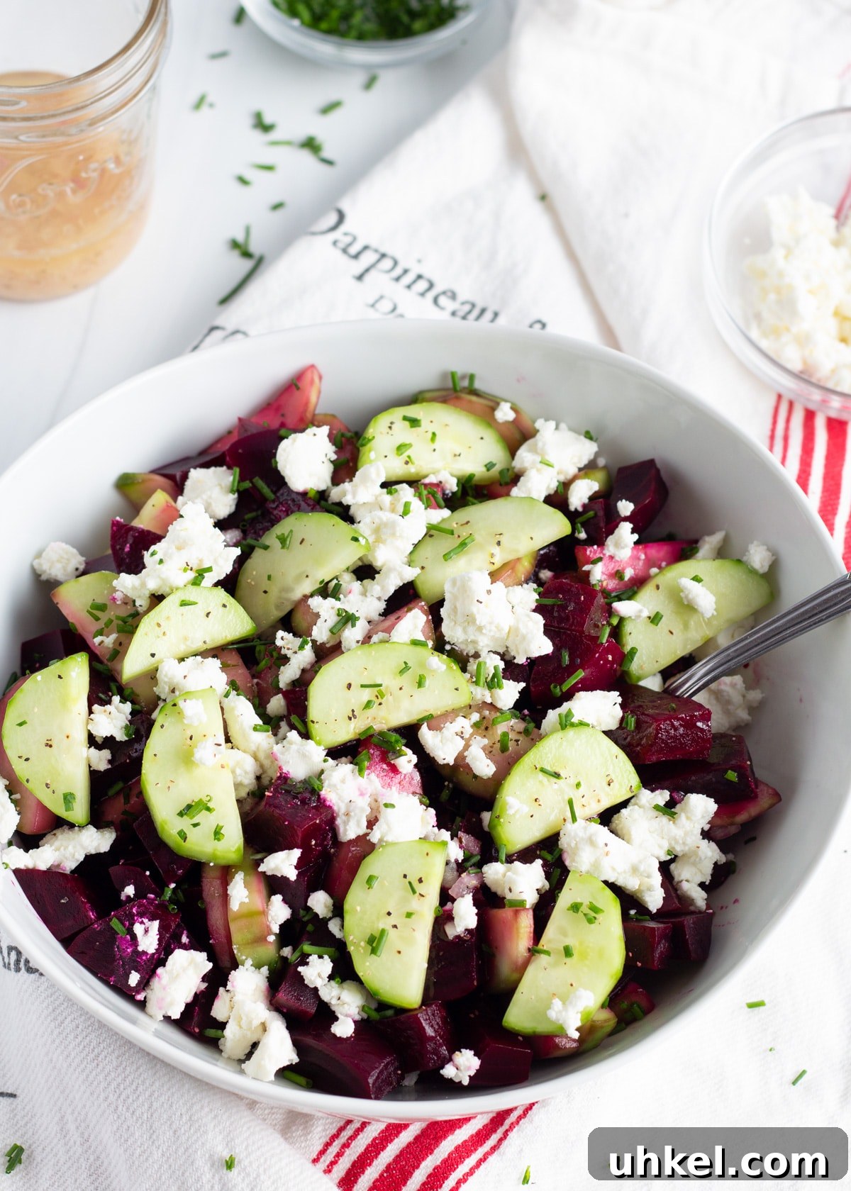 Roasted Beet and Cucumber Salad with Creamy Goat Cheese 5 picture of a large bowl with beet cucumber goat cheese salad.