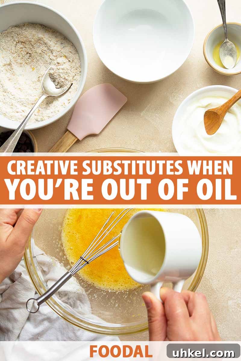 Out of Oil? How to Bake Without It Using Smart Substitutes 2 Vertical image of pouring a liquid ingredient into a bowl with whisked eggs next to other measured food items in bowls, with text on the bottom and in the middle of the image.