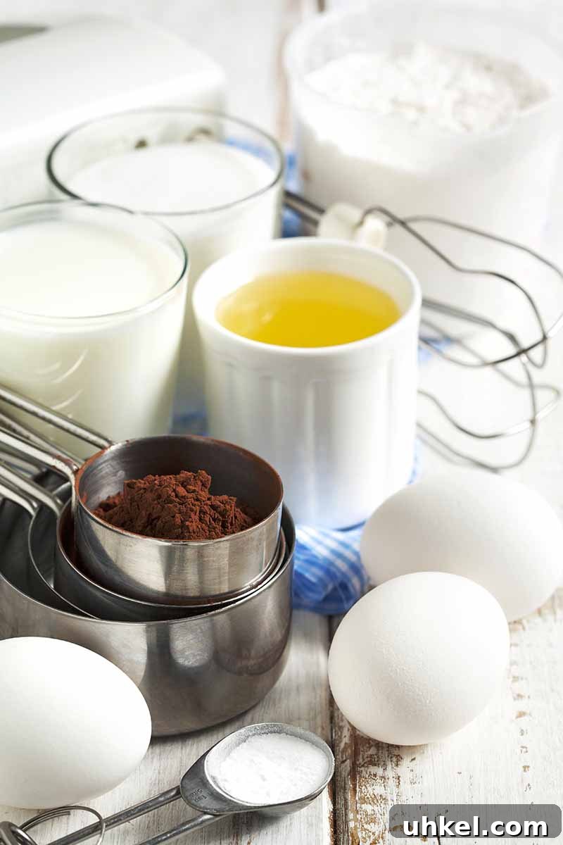 Out of Oil? How to Bake Without It Using Smart Substitutes 3 Vertical image of measured ingredients in various cups next to a whisk and eggs on a white wooden table.