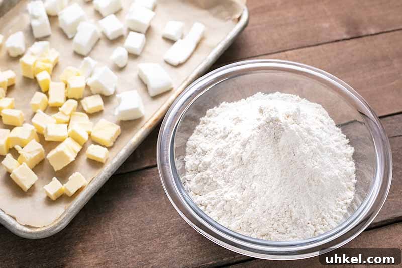 Out of Oil? How to Bake Without It Using Smart Substitutes 4 Horizontal image of a glass bowl with flour next to a baking sheet with cubed butter and shortening.