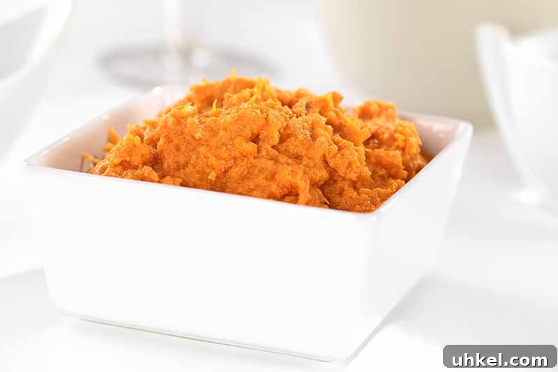 Out of Oil? How to Bake Without It Using Smart Substitutes 5 Horizontal image of mashed sweet potato in a white dish.