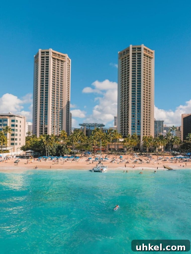 Hyatt Regency Waikiki Beach Resort & Spa — Oceanfront Luxury in Honolulu 2 Looking towards Hyatt Regency Waikiki Beach Resort & Spa from out to sea off Waikīkī Beach